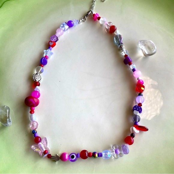 Iconic Pink Purple & Red Beaded Necklace Butterfly Mushroom Hamsa Fish Evil Eye - Picture 1 of 7